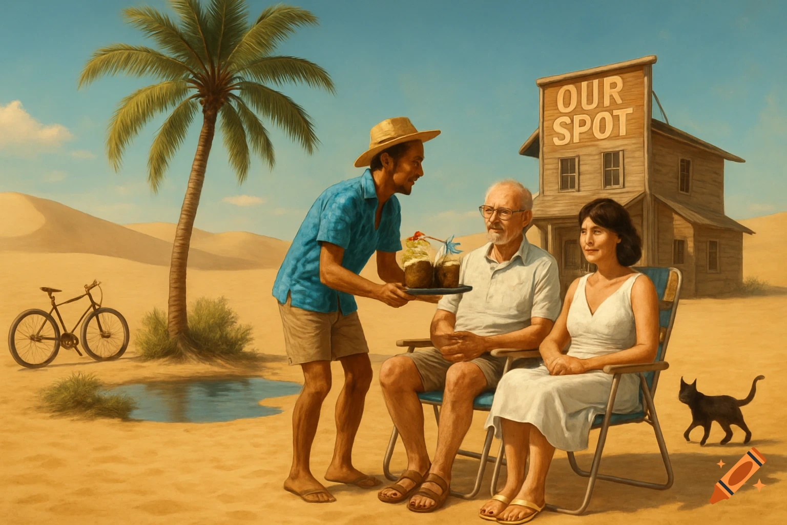 Photorealistic painting of a server bringing drinks to an older couple in beach chairs in a desert oasis with a motel sign, palm tree, and cat.