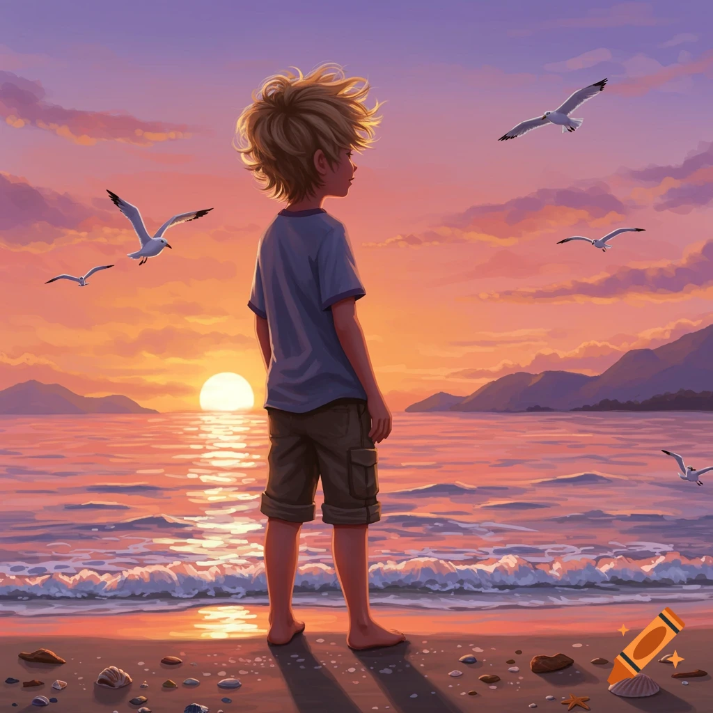A blonde-haired boy stands on a beach, looking at a colorful sunset over the ocean with seagulls in a vibrant illustration.