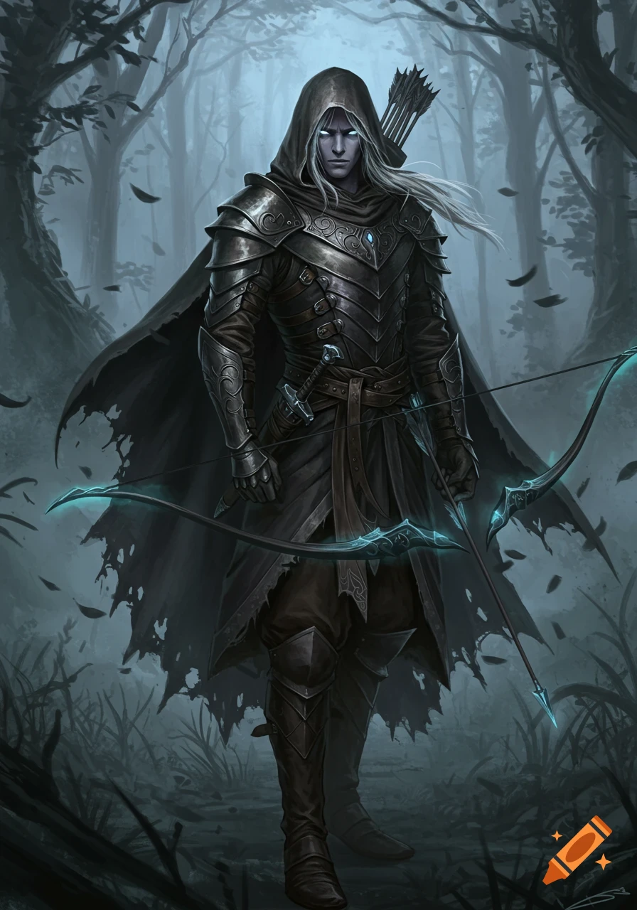 A dark fantasy ranger with white hair and glowing eyes wears ornate armor and a hooded cloak, holding a glowing bow in a misty forest.