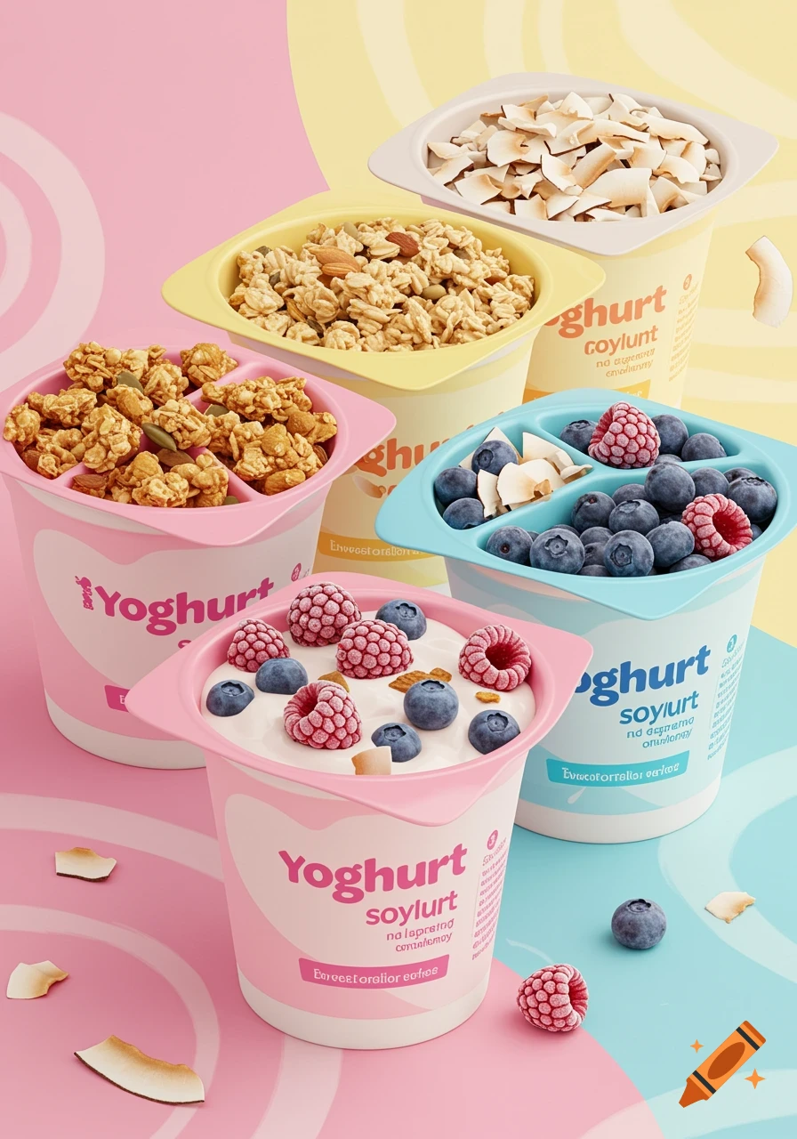 Multiple colorful yogurt cups with divided lids containing various toppings like granola, blueberries, raspberries, and coconut flakes on a pink and yellow background.