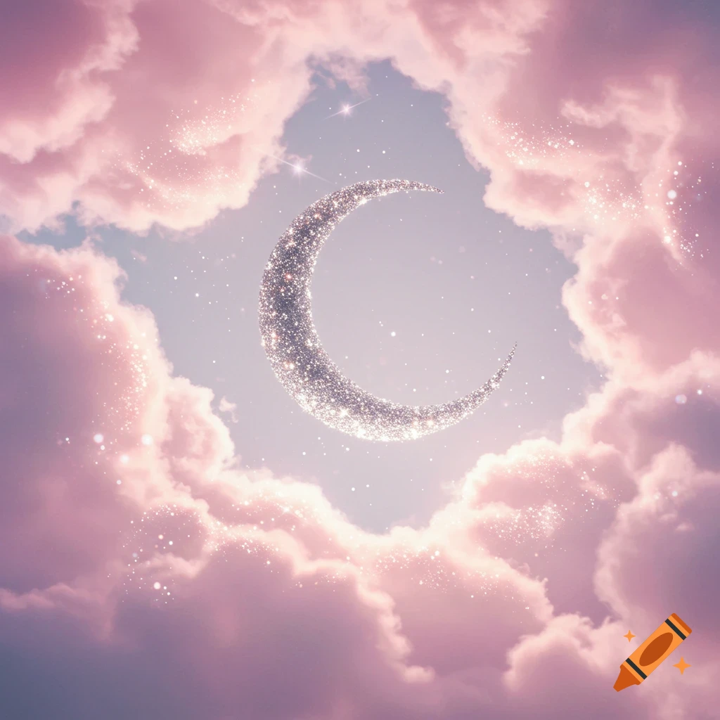 A sparkling glitter crescent moon surrounded by soft pink and white clouds in a light blue sky.