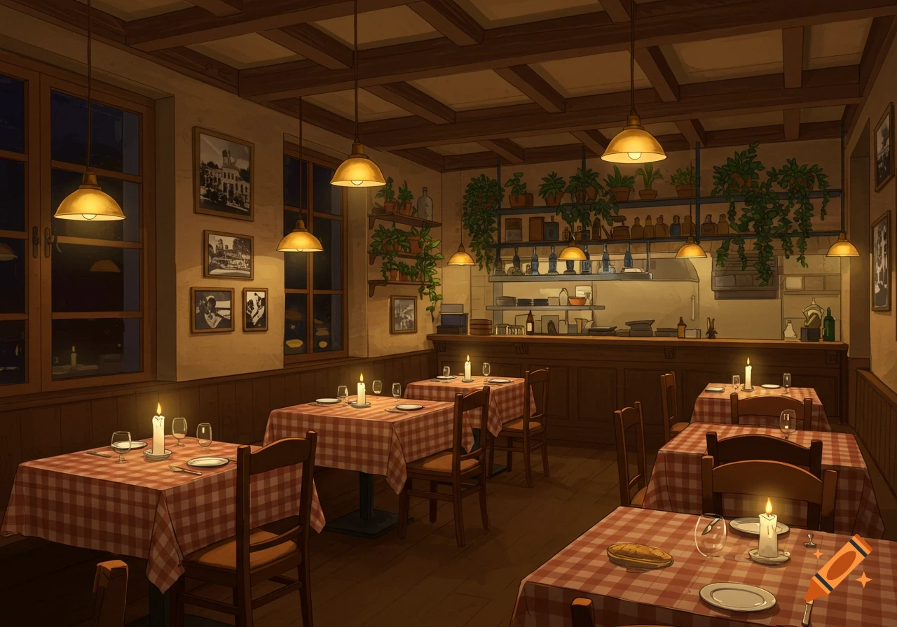 A cozy, empty restaurant interior with checkered tablecloths, lit candles, and hanging lamps, in an illustrative style.