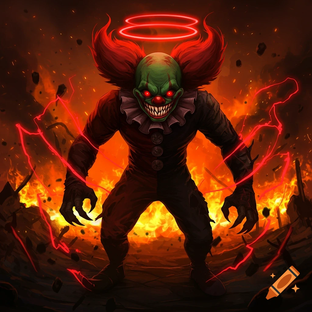 A monstrous clown with green skin, red eyes, and sharp teeth stands amidst flames and red lightning.