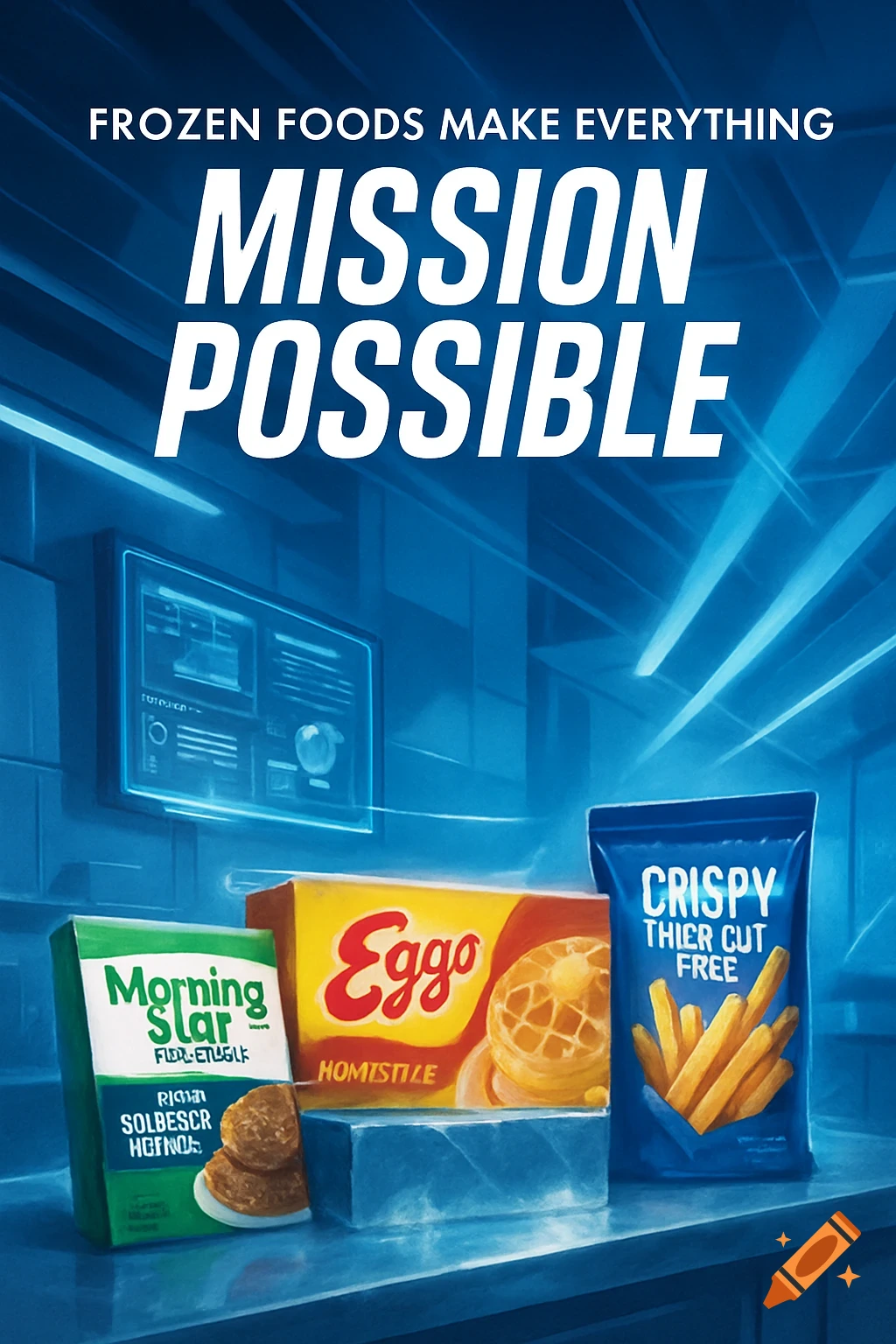 Stylized promotional image for frozen foods, featuring Eggo waffles, Morning Star patties, and crispy fries in a blue, futuristic setting with text 'Frozen Foods Make Everything Mission Possible'.