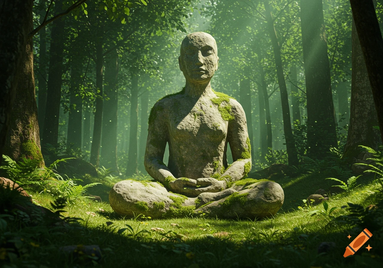 A moss-covered stone statue in a meditative pose in a lush, sunlit forest.