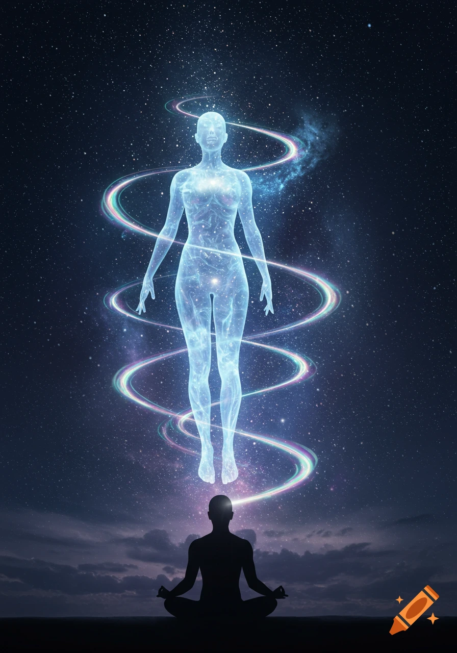 A meditating silhouette with an ethereal, glowing human-like figure rising above them against a starry cosmic background.