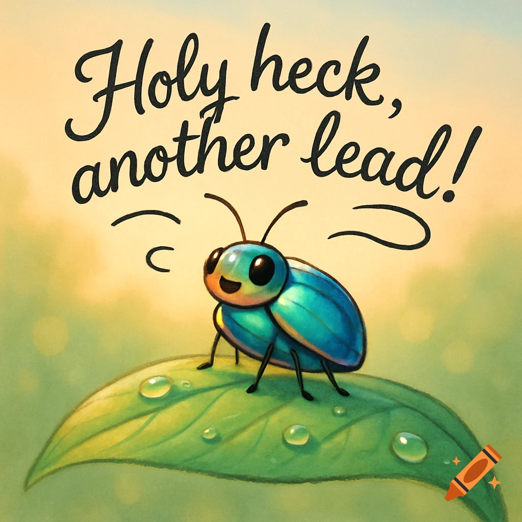 A cute, happy blue and orange beetle sits on a green leaf with water droplets, text reads 'Holy heck, another lead!'.