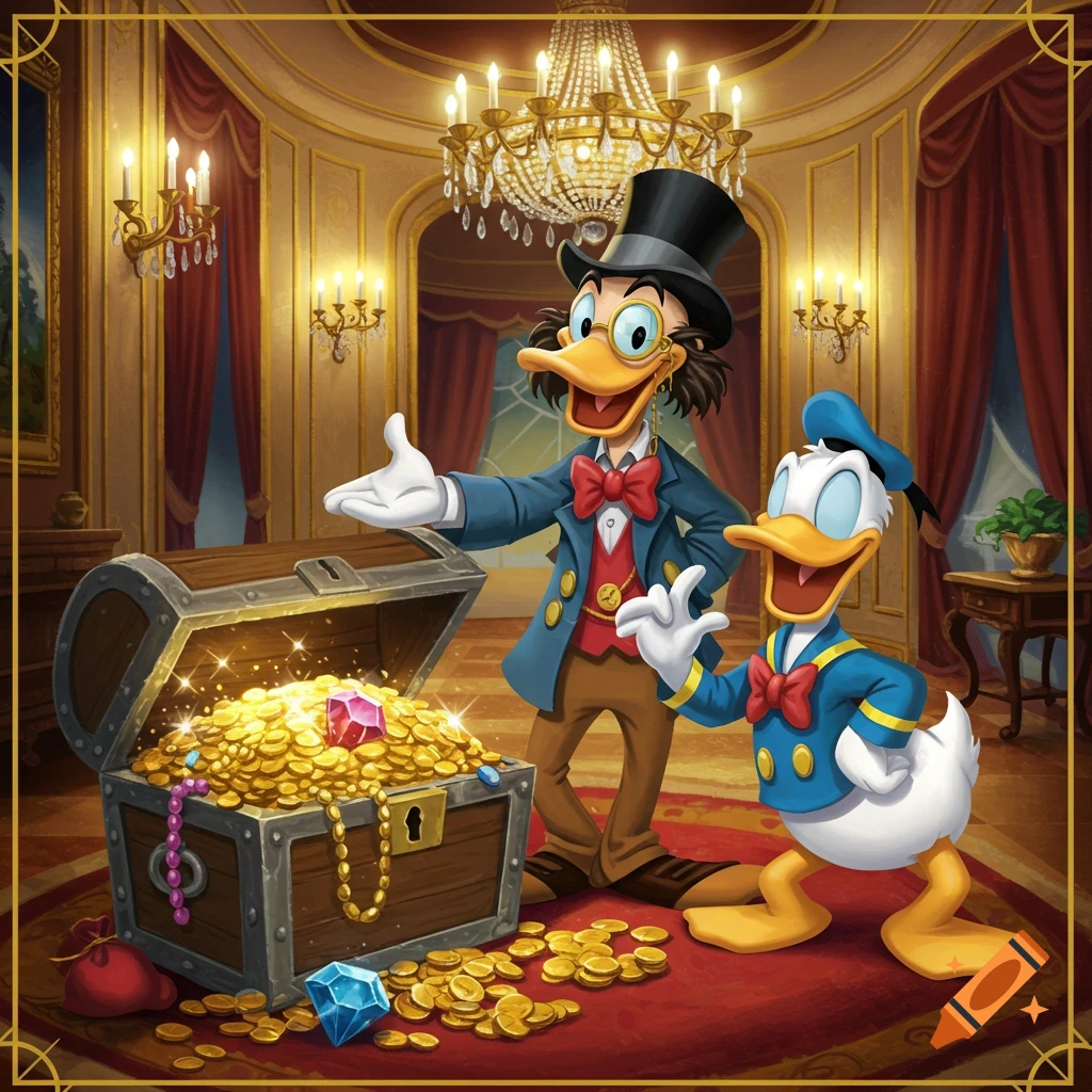 Cartoon of a rich duck and Donald Duck by a treasure chest in a lavish room.