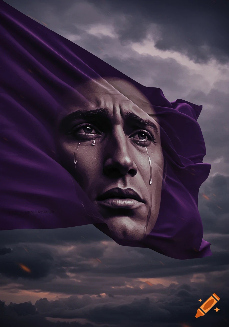 Dramatic digital art of a crying man's face emerging from a flowing purple flag against a stormy, dark sky.