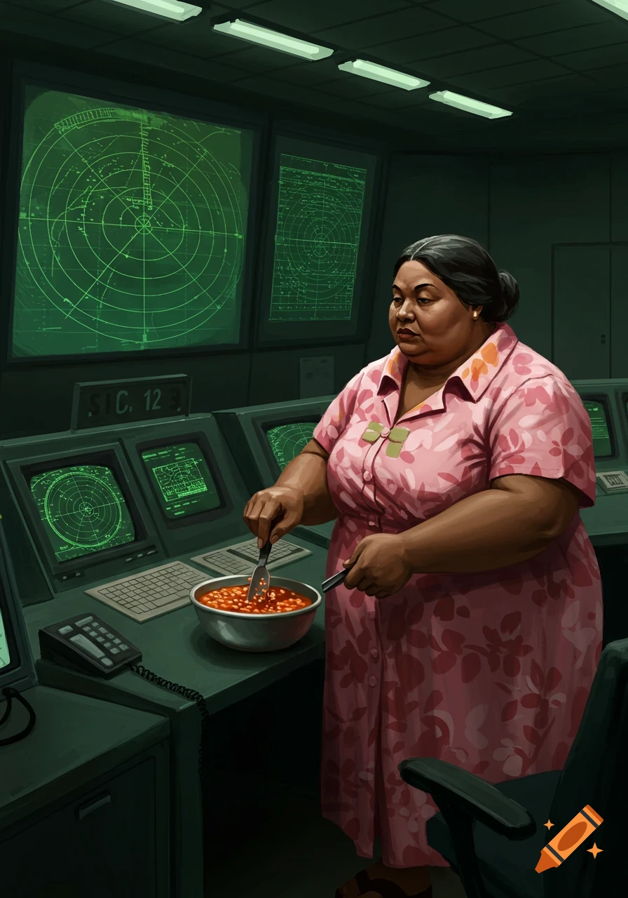 A large woman in a pink floral dress stirs baked beans in a bowl in a dark radar control room.