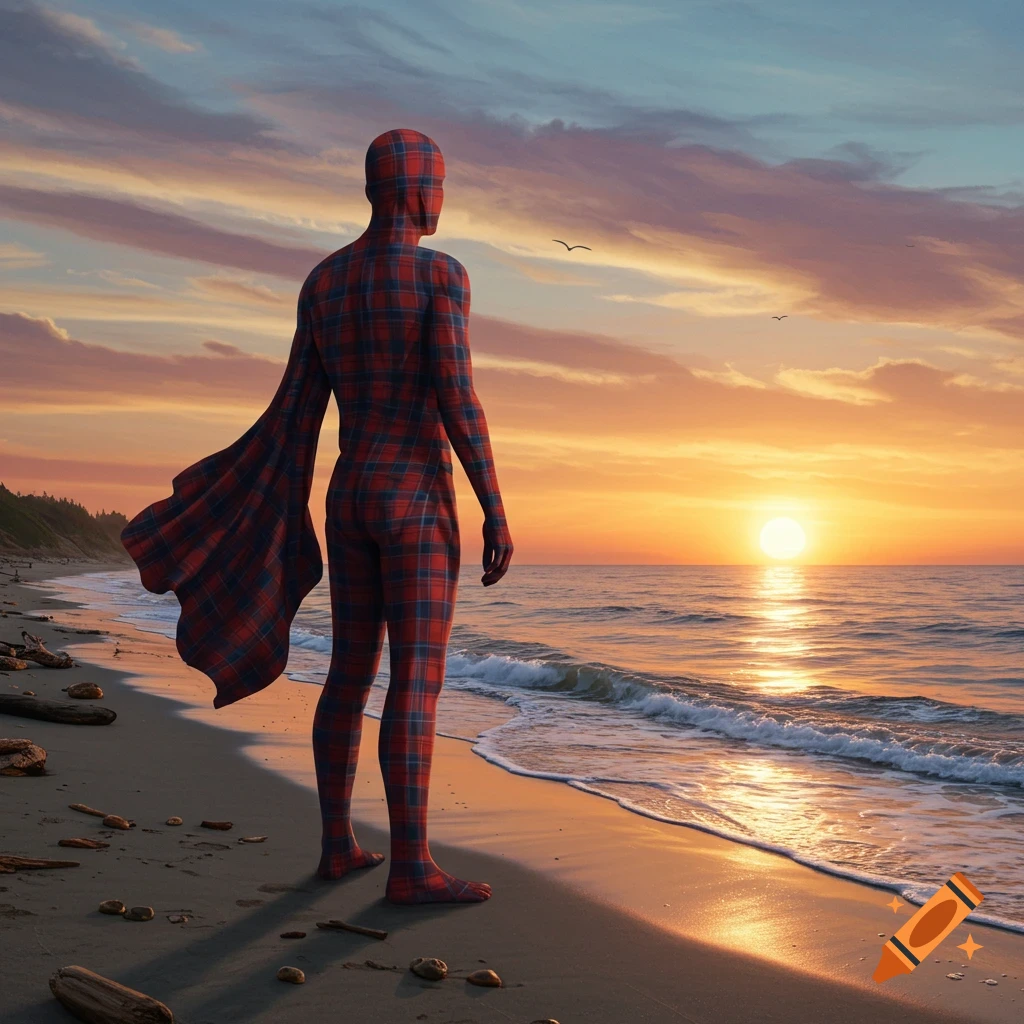 A figure with red and blue plaid flannel skin stands on a sandy beach, gazing at a vibrant sunset over the ocean.