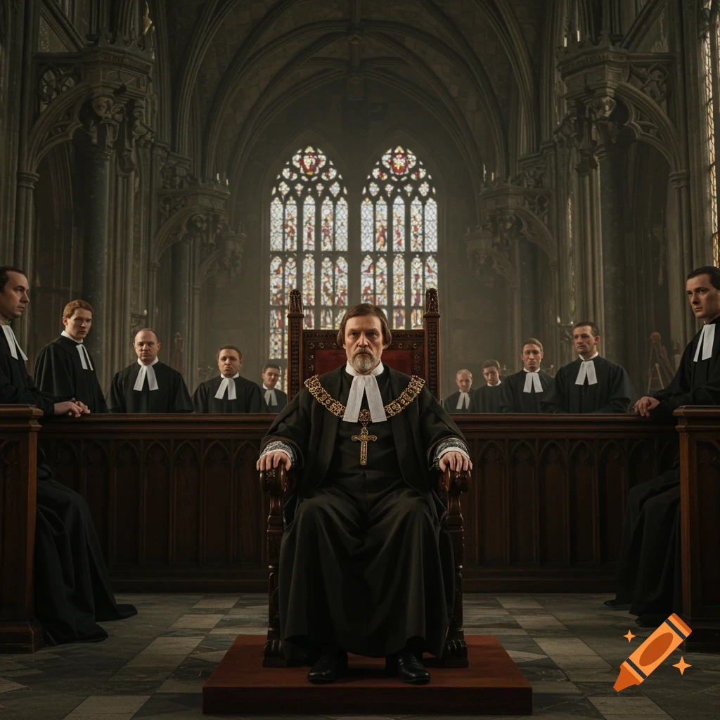 A solemn man in black robes and a gold chain sits on a throne in a grand, gothic hall with stained glass, surrounded by other robed figures.