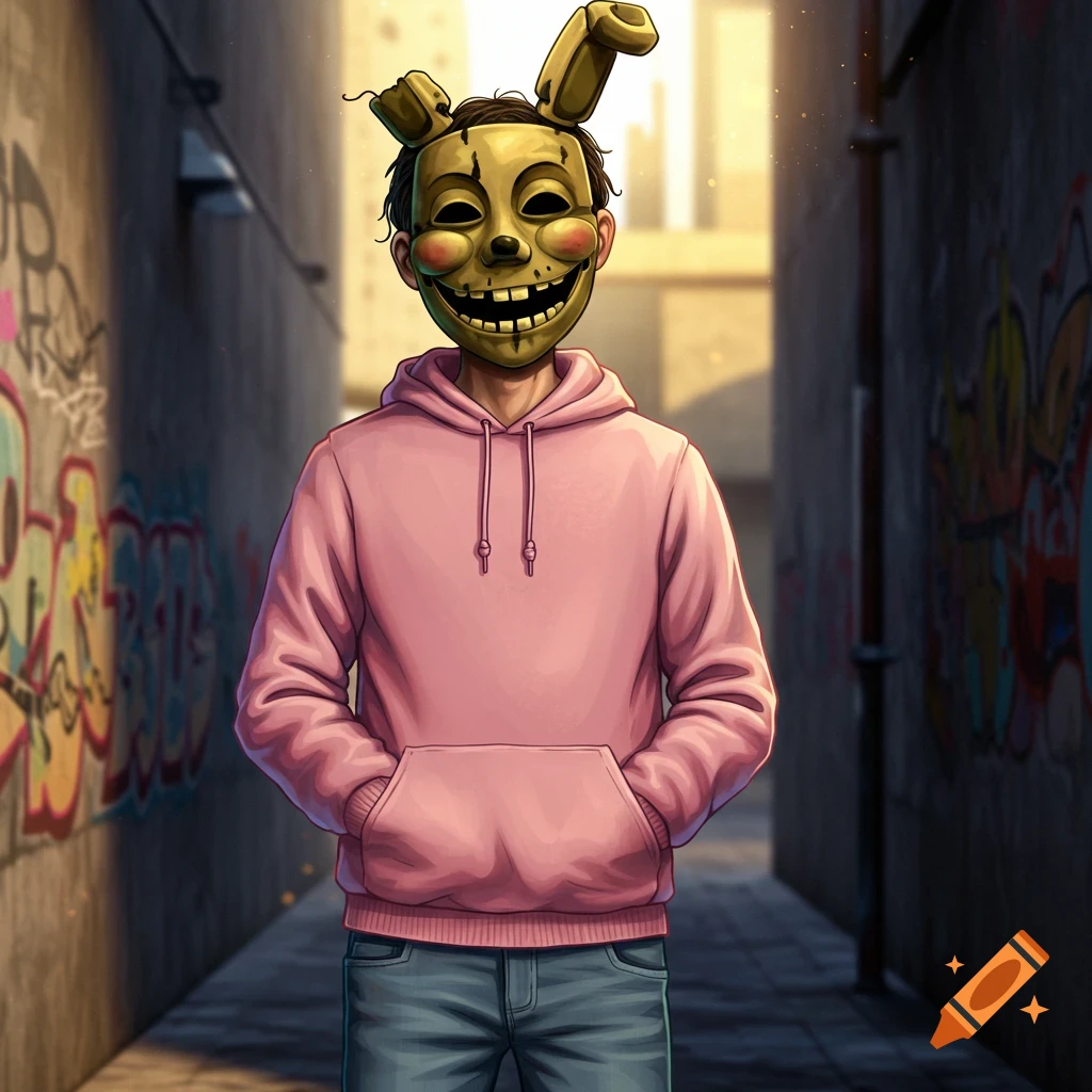 A person in a pink hoodie and jeans wearing a creepy, smiling yellow Springtrap mask stands in a graffiti-covered alley.