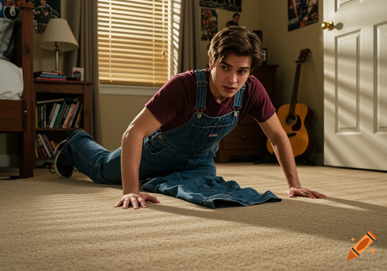 A young man in denim overalls on his hands and knees on a carpeted floor in a bedroom, looking surprised.