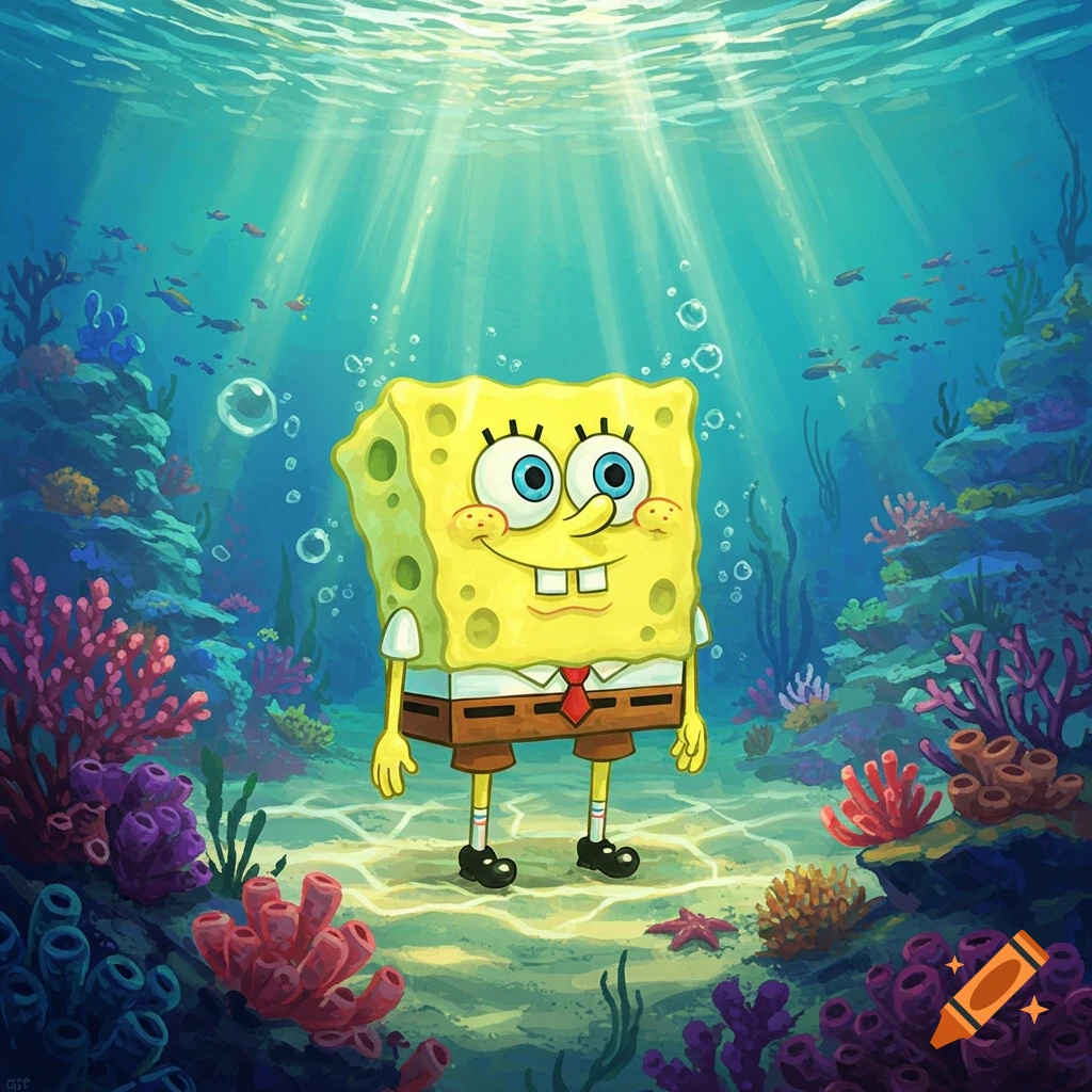 SpongeBob SquarePants stands on the ocean floor surrounded by colorful coral and fish, with sun rays from above.