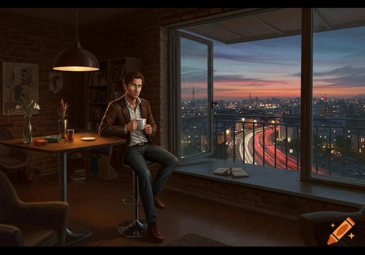 Digital art of a man in a loft apartment sipping coffee, looking out at a city skyline with highway light trails at dusk.