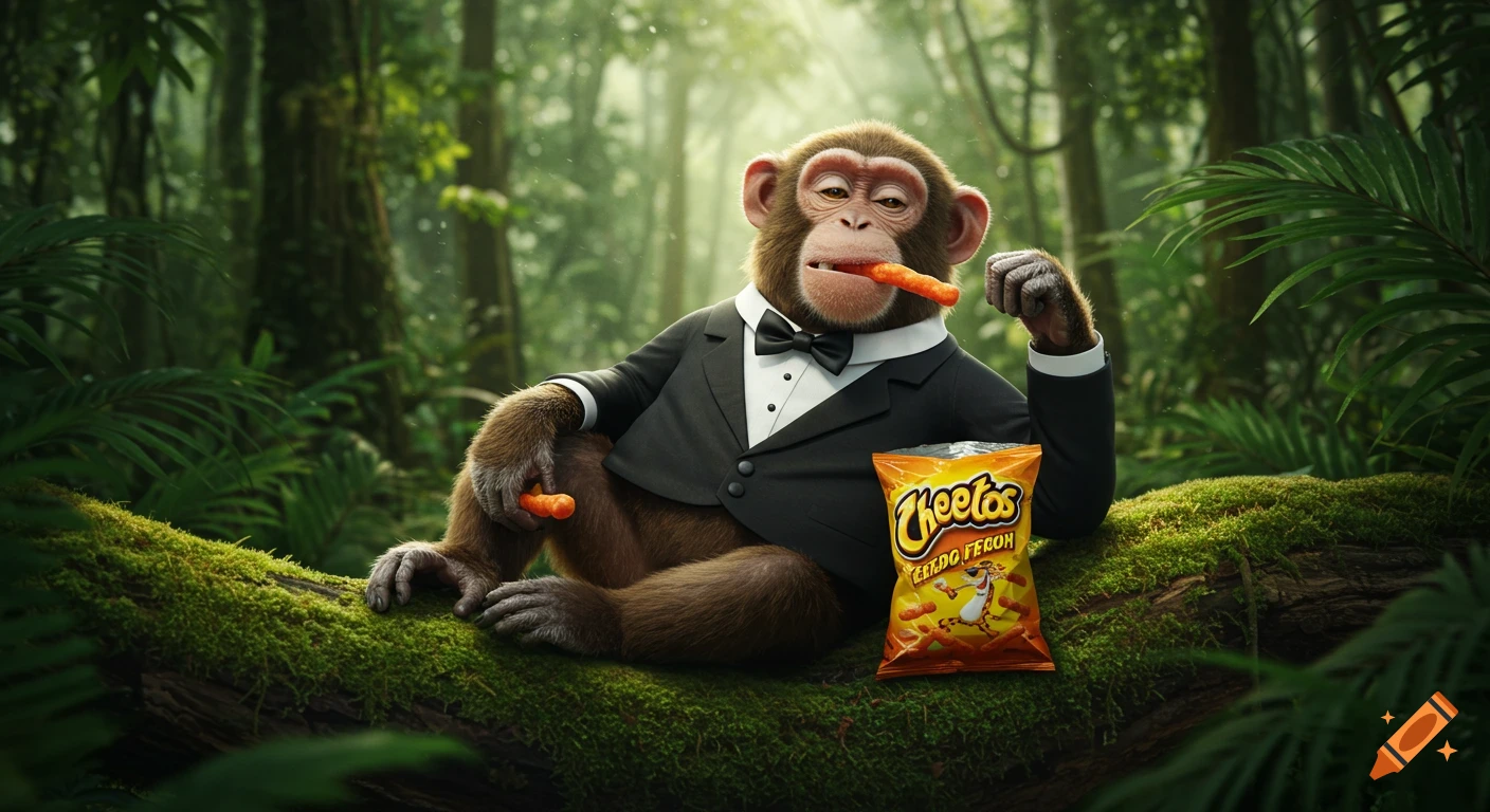 A photorealistic monkey in a black tuxedo sits in a lush rainforest, eating an orange Cheeto from a Cheetos bag.