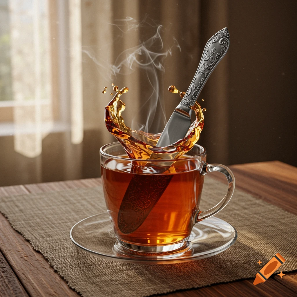 A knife plunging into a clear glass cup of hot tea, causing a dramatic splash and steam. Photorealistic.