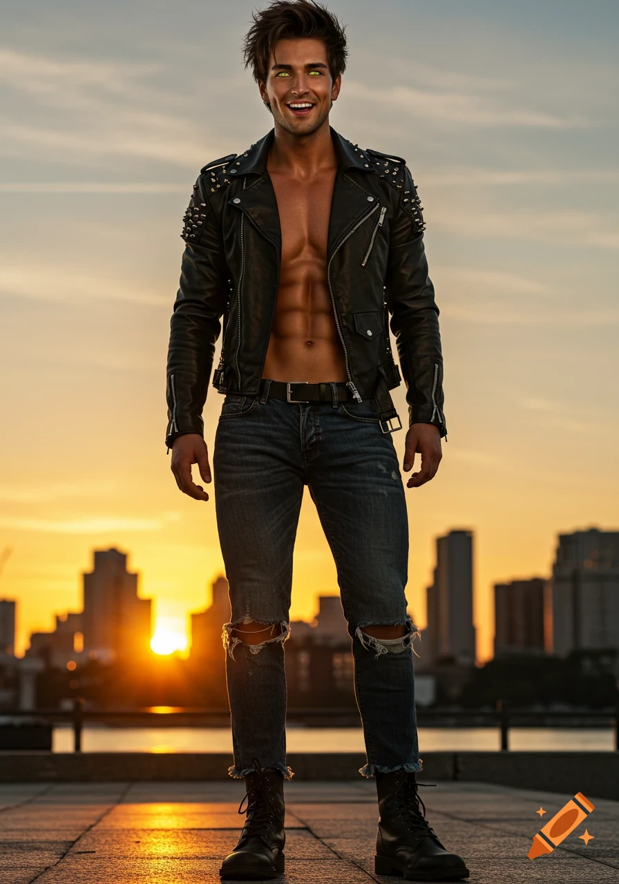 A handsome man with a leather jacket open to reveal abs, ripped jeans, and combat boots stands at sunset with a city skyline in the background.