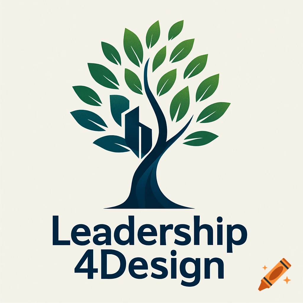 A logo featuring a tree with green leaves, abstract dark blue buildings integrated into its trunk, and "Leadership 4Design" text.