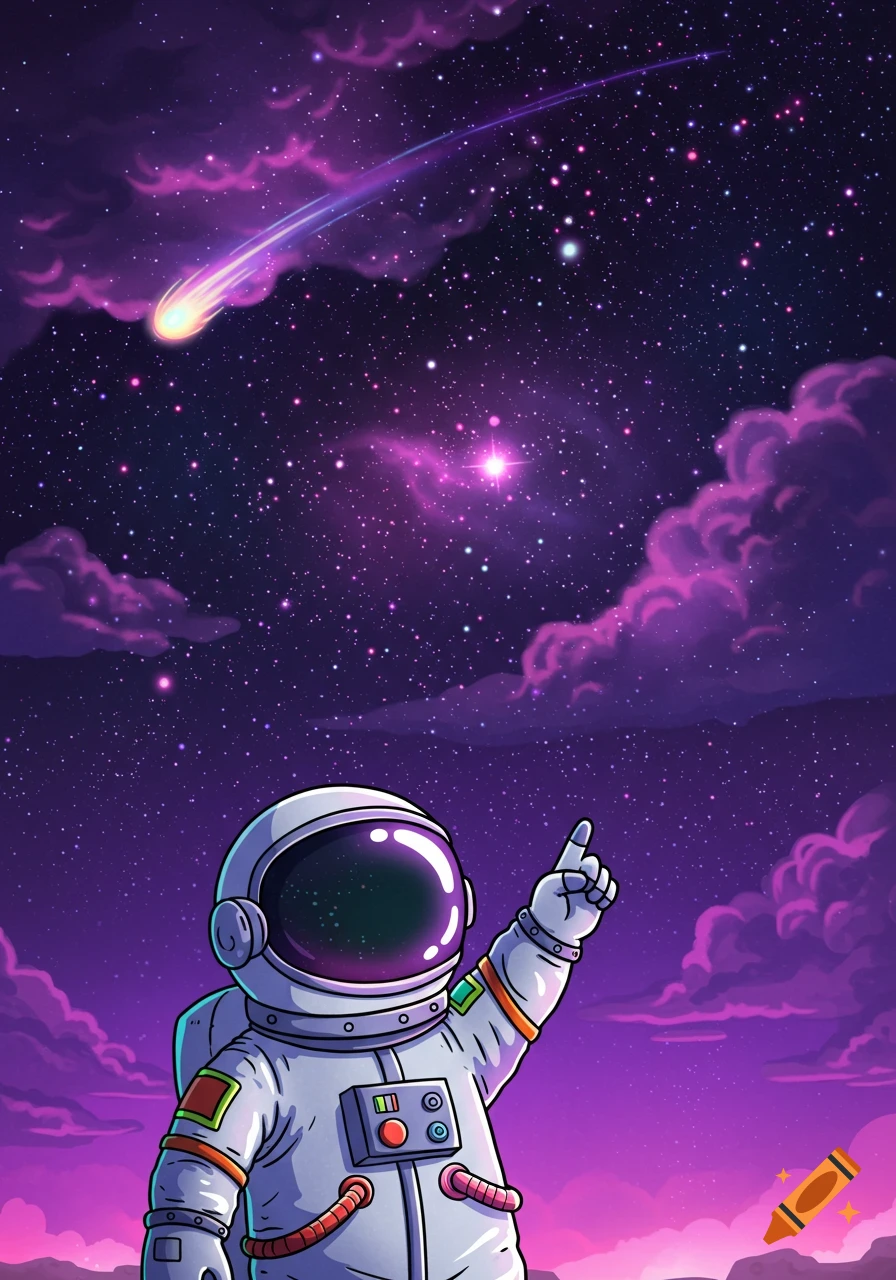 A cartoon astronaut in a white suit points up at a bright shooting star streaking across a purple, starry night sky with cosmic clouds.