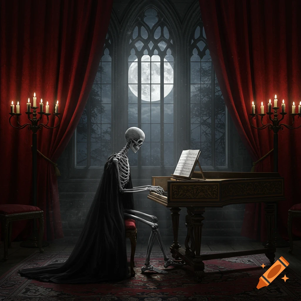 A skeleton in a black cloak plays a piano in a dark, gothic room with red curtains and a large window showing a full moon.