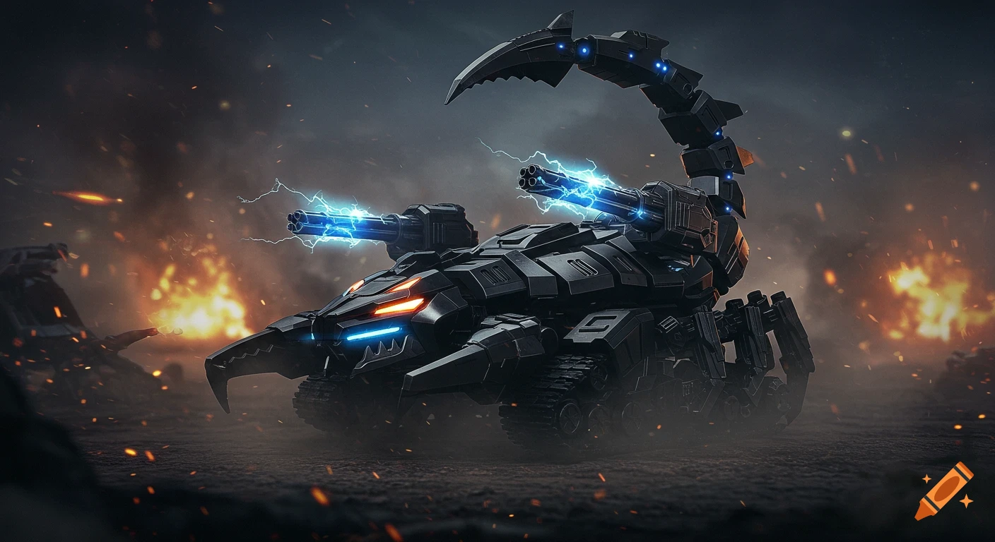 A futuristic black scorpion-like tank with glowing blue weapons and orange lights stands amidst explosions and smoke.