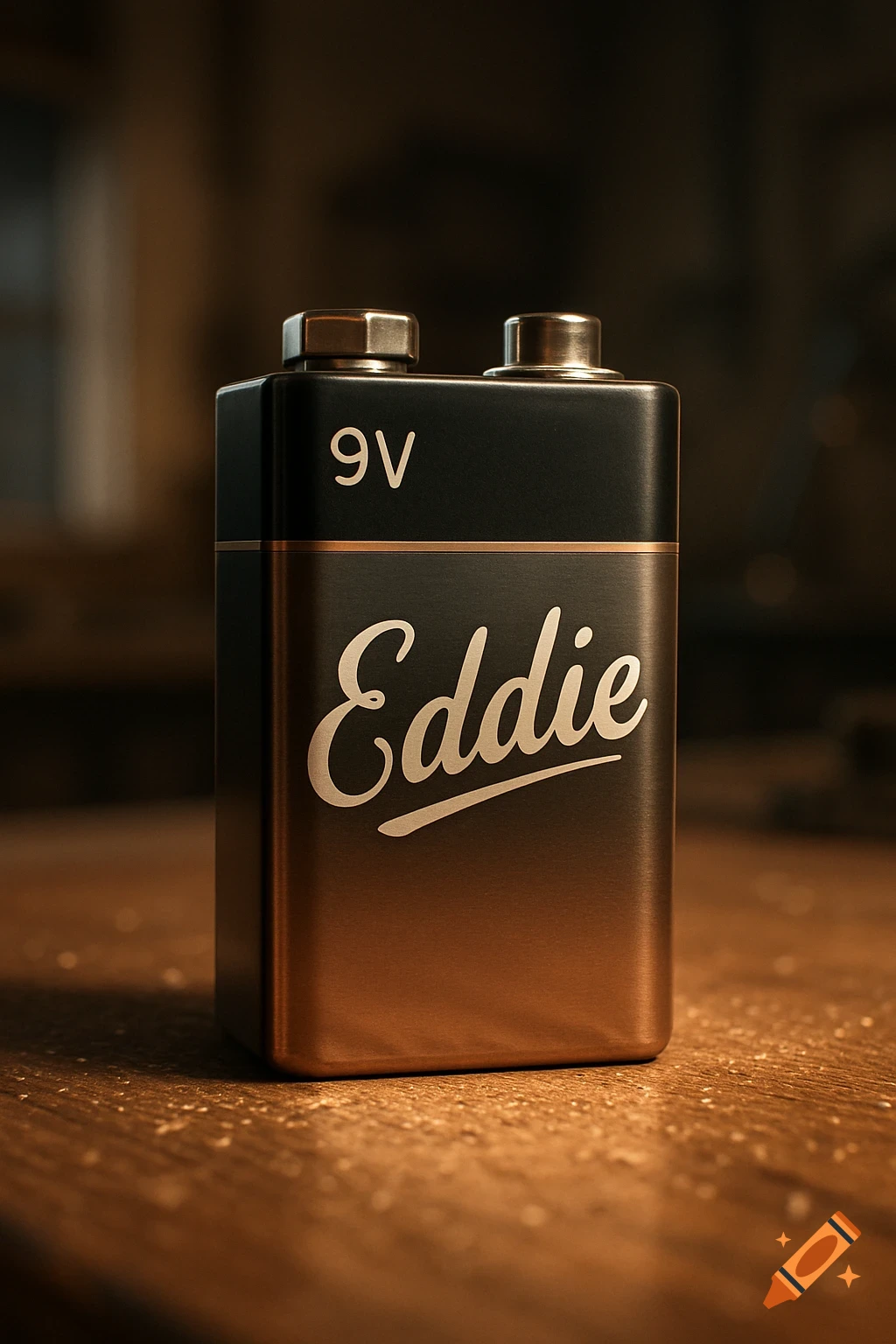 A close-up, photorealistic shot of a black and gold 9V battery labeled 'Eddie' on a wooden surface.