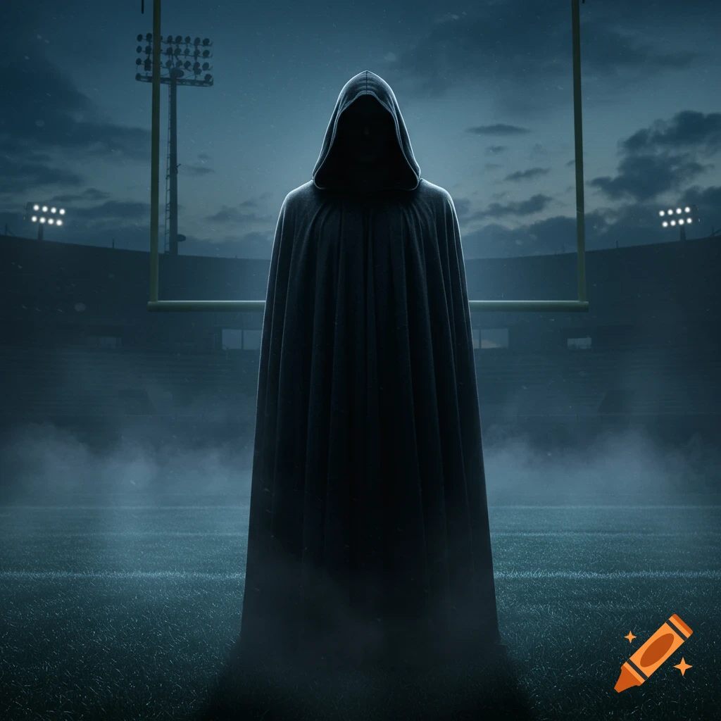 A mysterious hooded figure stands on a foggy American football field at night, with goalposts and stadium lights in the background.