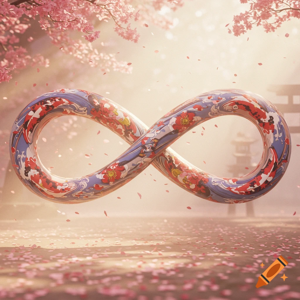 A vibrant infinity symbol with Japanese floral and wave patterns floats among falling pink cherry blossoms, with a temple in the background.