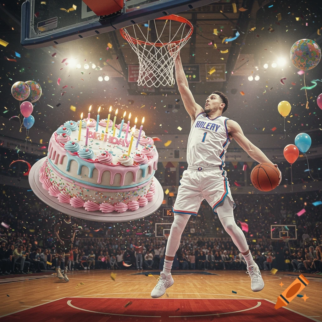 A white basketball player in a white uniform dunks a giant pink and blue birthday cake filled with candles into a hoop, surrounded by confetti and balloons in a stadium.