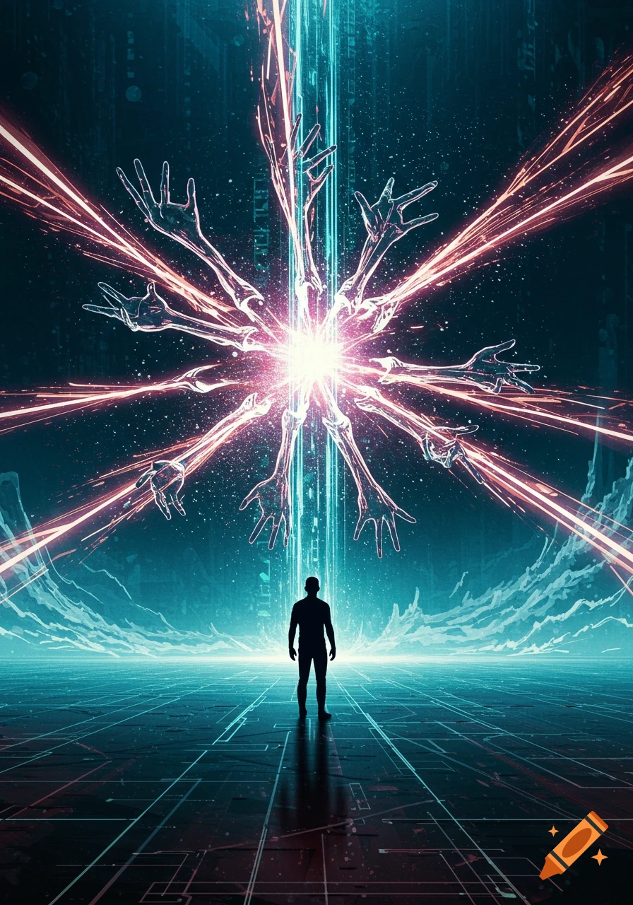 A silhouette of a person on a glowing grid floor looks up at an explosion of light with many skeletal hands reaching out in a digital art style.