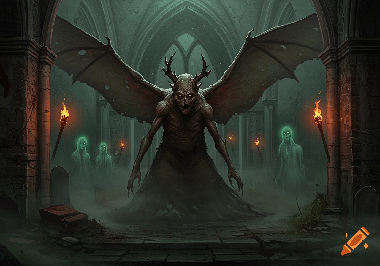 A terrifying, horned, bat-winged monster with glowing red eyes stands in a dark, ruined gothic cathedral, surrounded by ghostly figures.