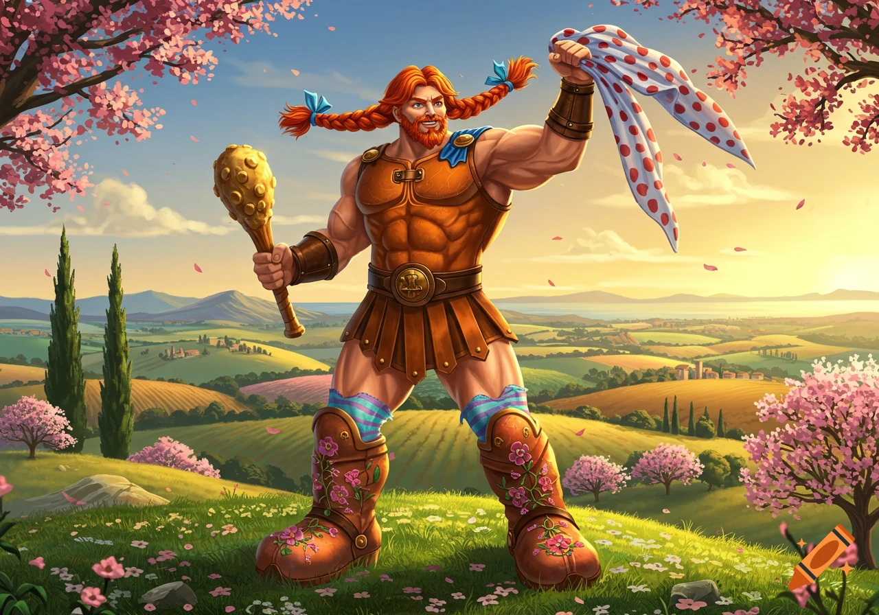 Vibrant illustration of a muscular, red-haired man in braids holding a club and polka-dot fabric in a sunny, flower-filled landscape.