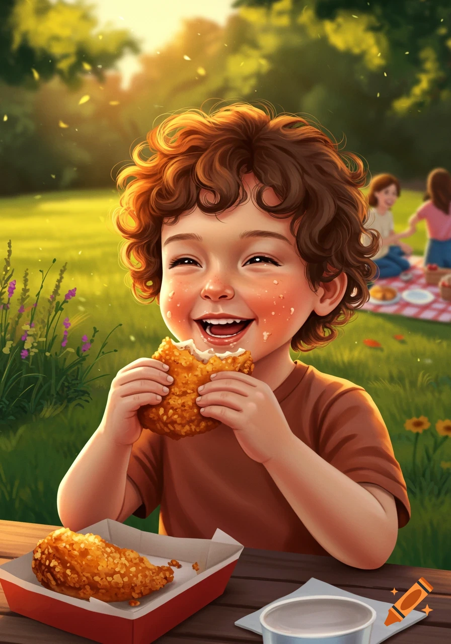 A happy child with curly hair eats fried chicken in a sunny park; an illustration.