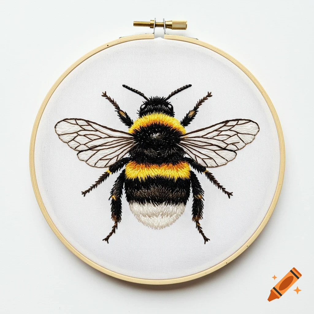 Detailed thread-painted embroidery of a bumblebee in a wooden hoop on a white background.