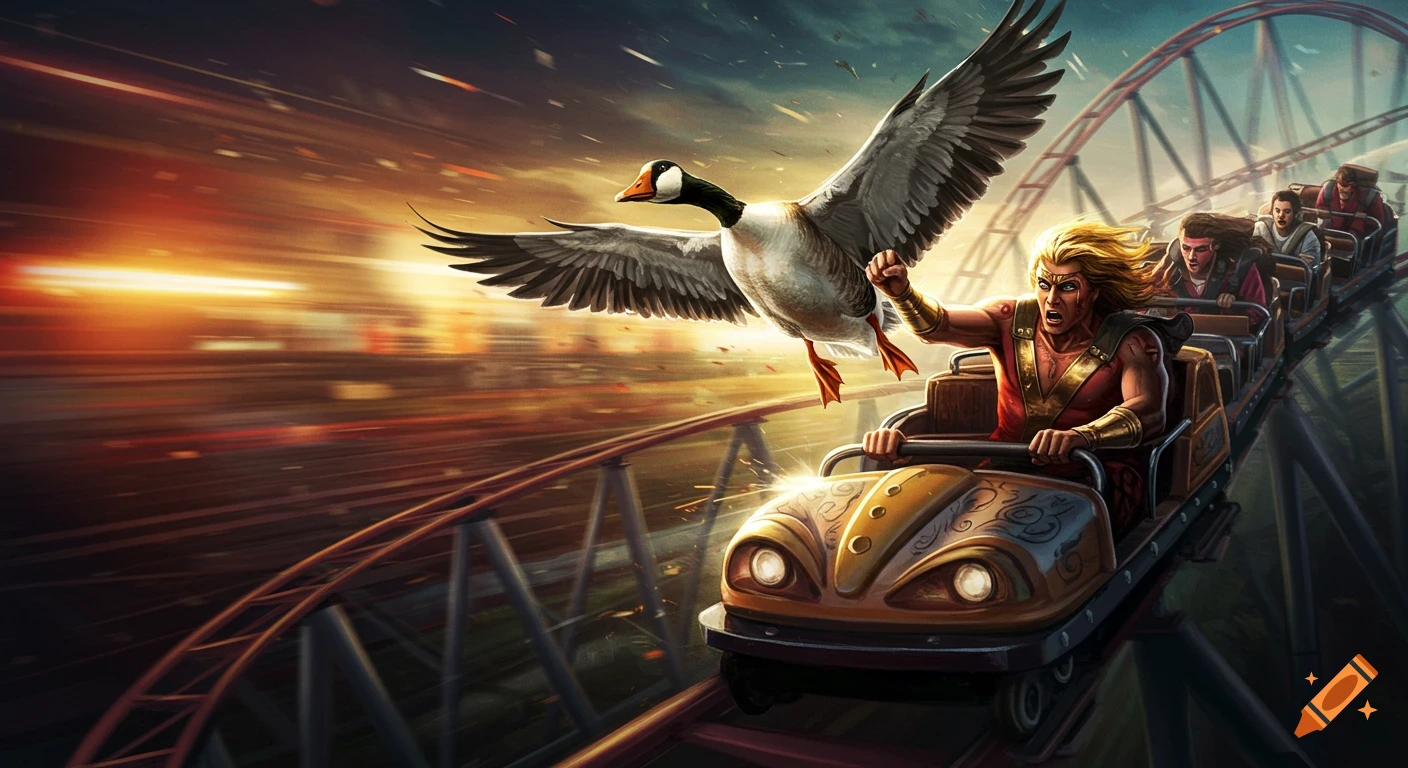 A dramatic, movie-poster-style image of a muscular man on a rollercoaster, his hair flowing, recoiling as a large goose with outstretched wings flies past his face at high speed, set against a blurred, fiery sunset.