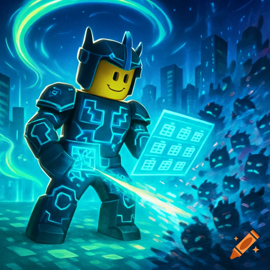 A Roblox character in glowing cyber armor holds a glowing tablet, combating shadowy bot figures in a futuristic city, in a digital art style.