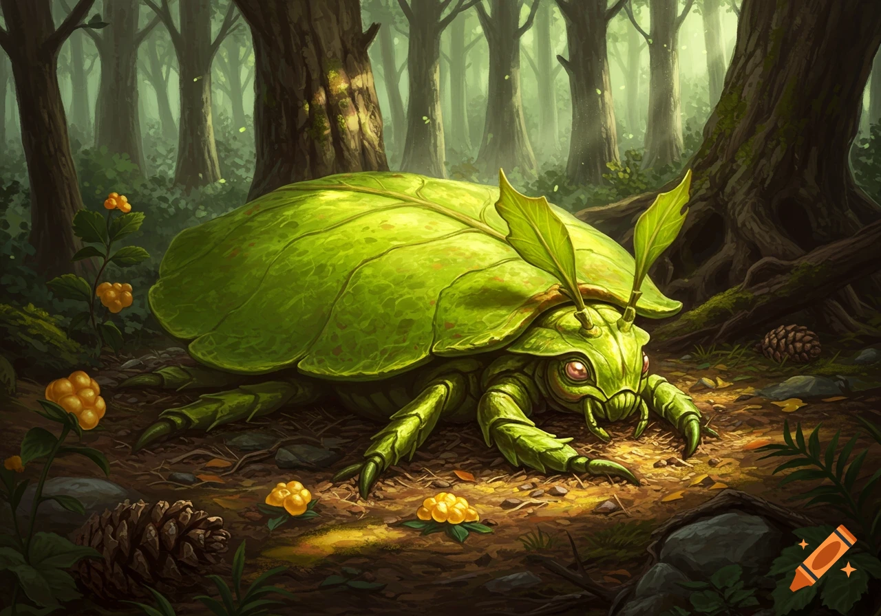 A large, green, leaf-shelled creature with red eyes crawls on a forest floor, surrounded by trees and orange berries.