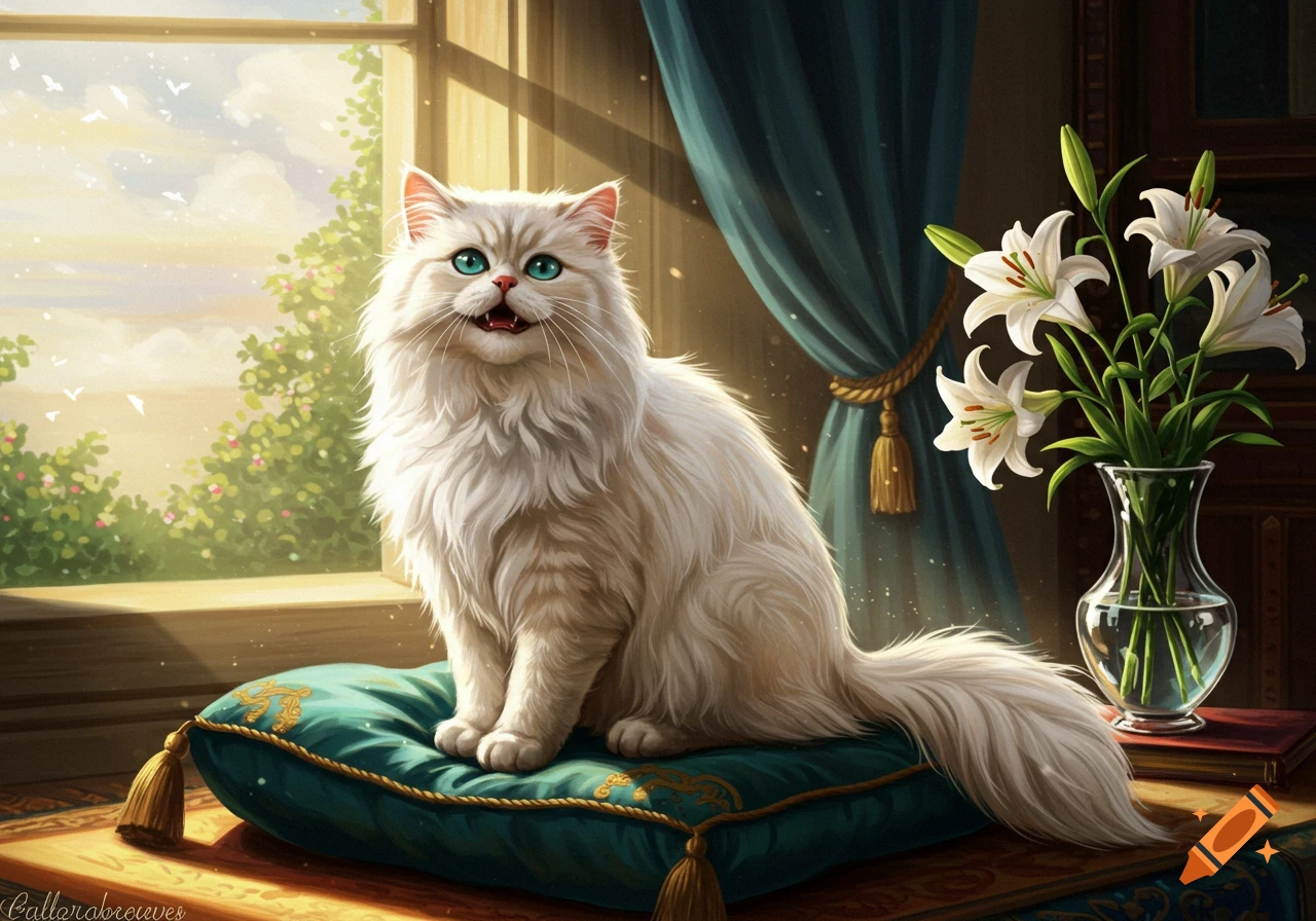 A fluffy white Persian cat with striking blue eyes sits on an ornate green pillow by a sunlit window with flowering bushes outside, in a painterly style.