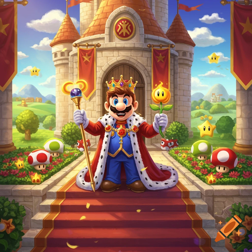 Cartoon King Mario, crowned and caped, stands on a red carpet before a castle, holding a scepter and fire flower, with mushrooms and stars.