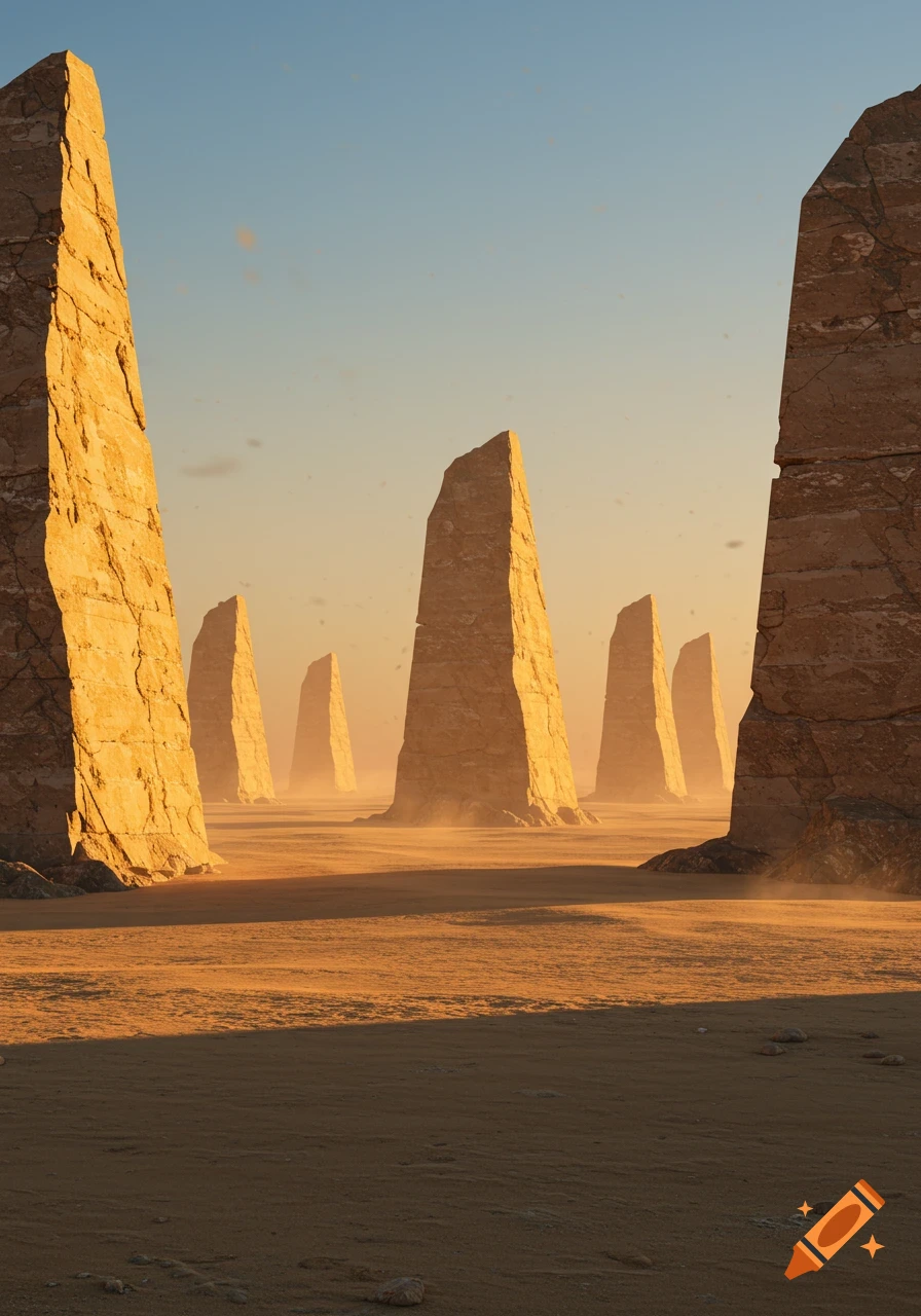 Tall, weathered triangular stone monoliths stand in a vast, sandy desert landscape under a clear sky at sunset.