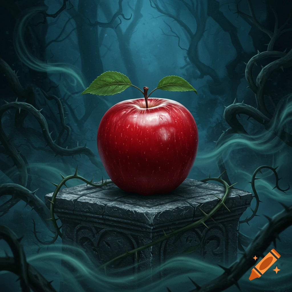 A vibrant red apple with green leaves sits on a stone pedestal amidst twisted thorny vines in a dark, misty fantasy forest.