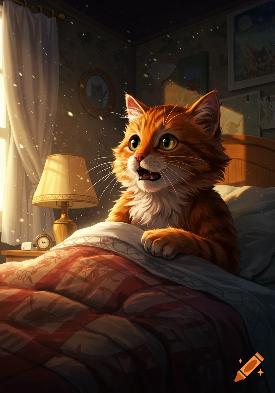 A startled anthropomorphic orange tabby cat sits up in bed, green eyes wide, with sunlight streaming into the bedroom. Illustration.