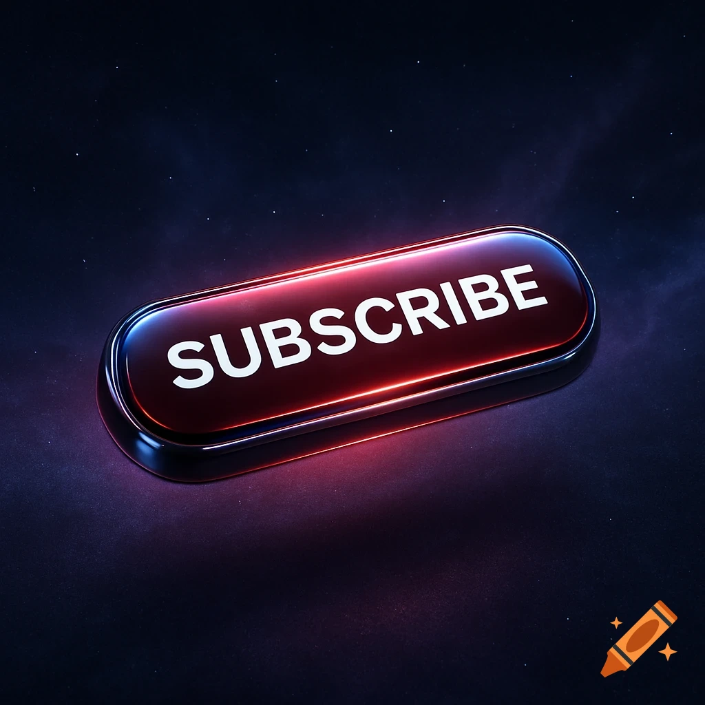 A glossy red "SUBSCRIBE" button with glowing edges, set against a dark, starry, cosmic background.