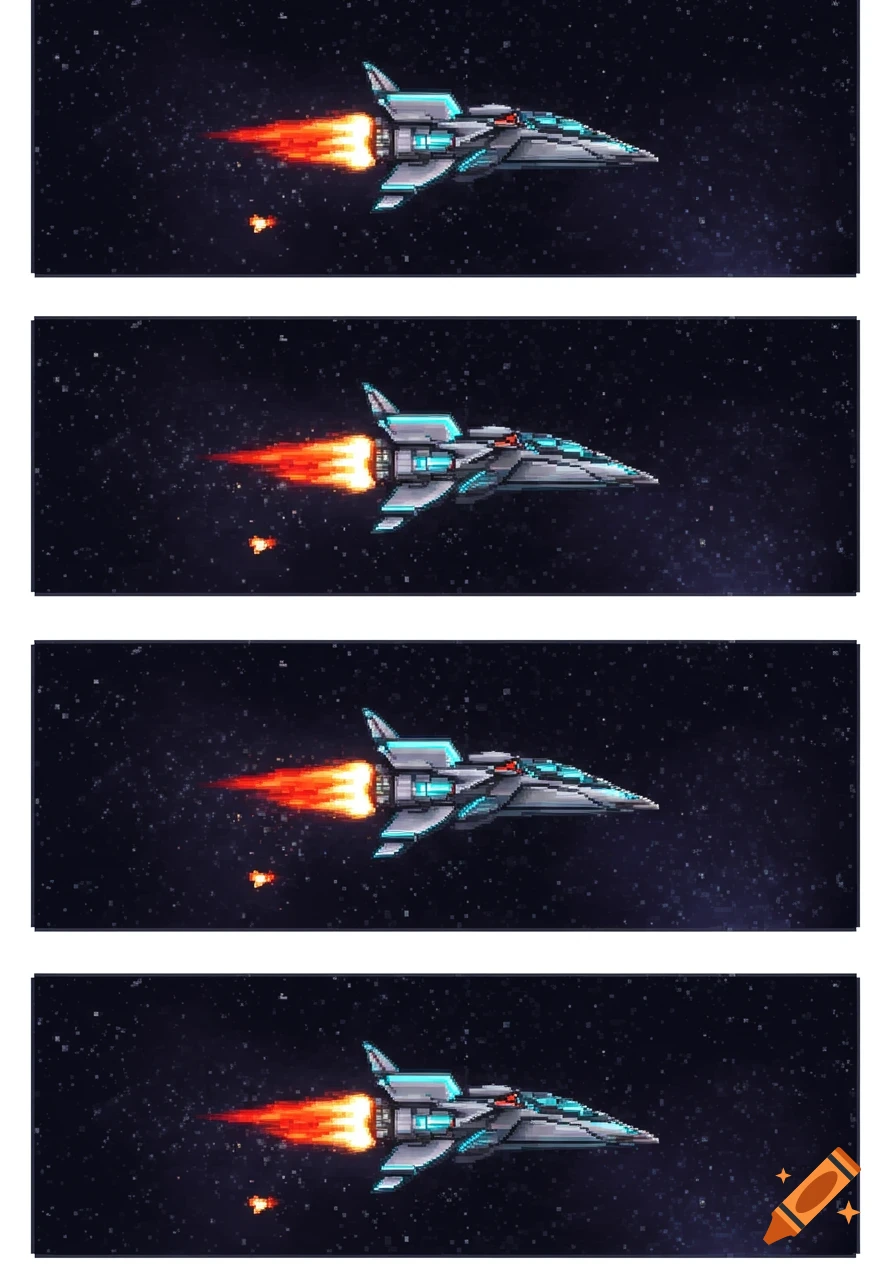 Four frames of pixel art animation showing a grey spaceship with blue accents flying through starry space with fiery exhaust.