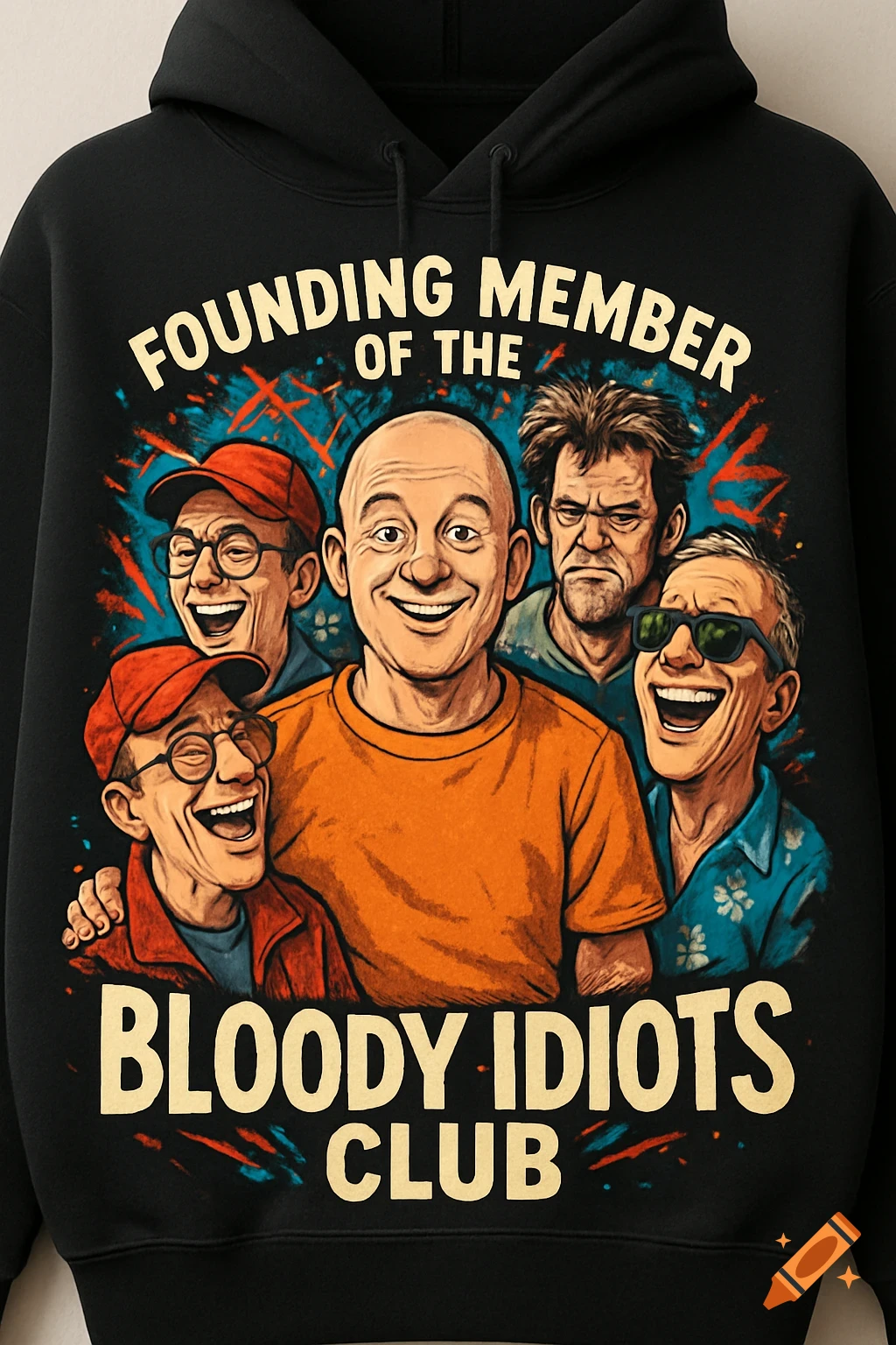 Black hoodie with a cartoon illustration of five middle-aged men and the text 'FOUNDING MEMBER OF THE BLOODY IDIOTS CLUB'.