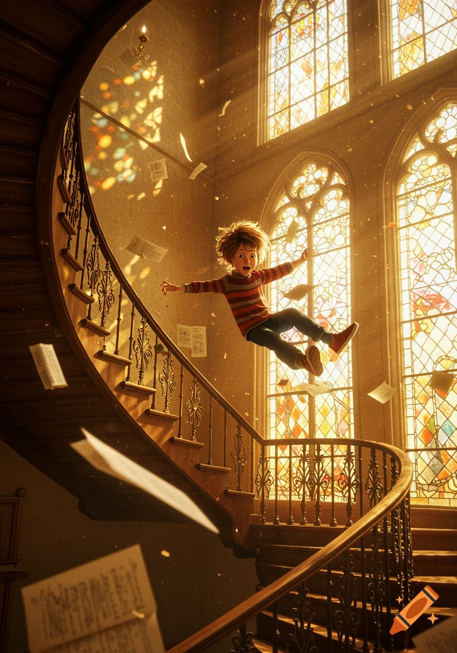 A whimsical animated boy falls down a grand spiral staircase, surrounded by flying papers and golden light streaming through stained glass windows.