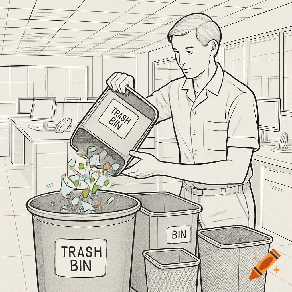 Line art illustration of a man emptying office trash bins into a larger bin.