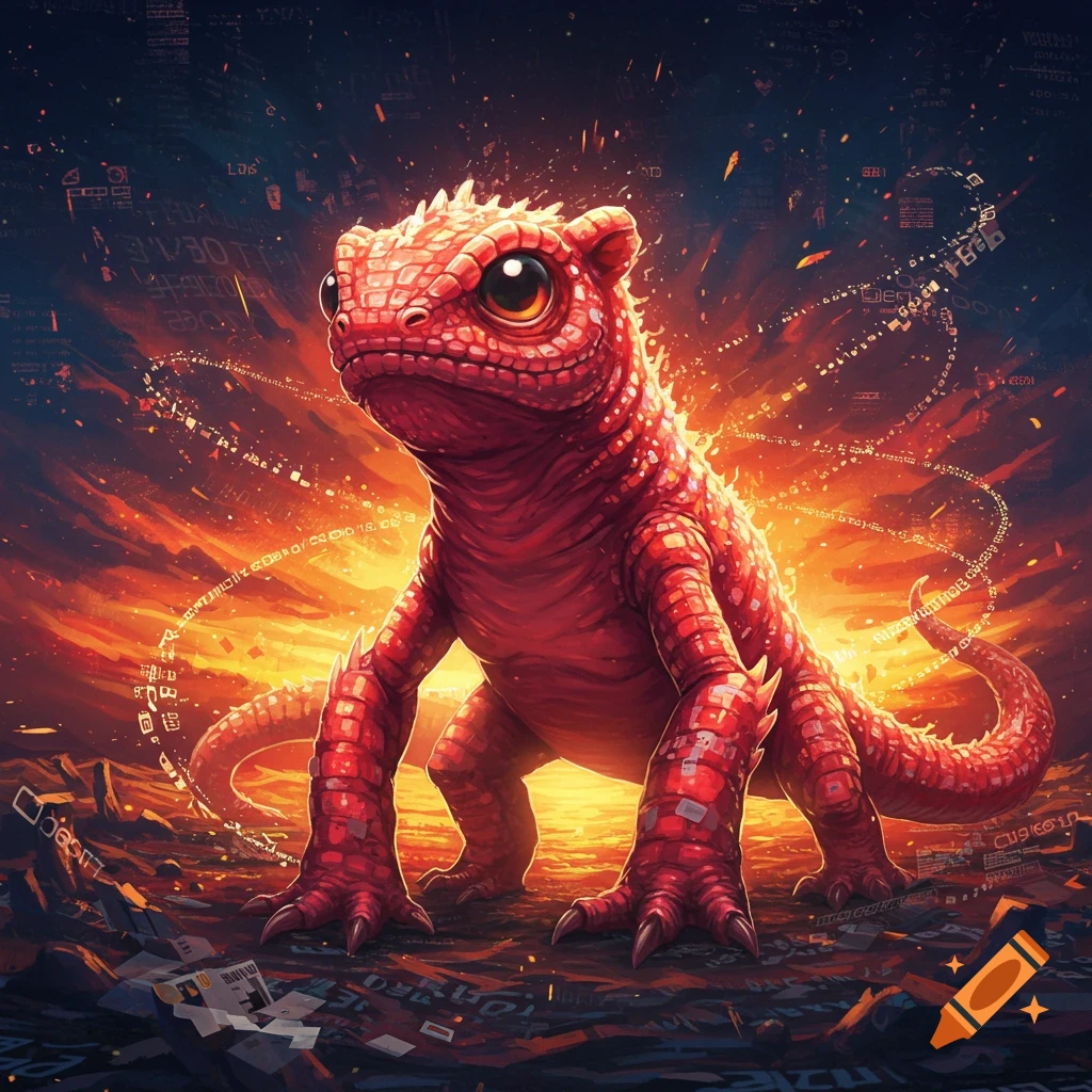 A vibrant red scaly monster with large eyes stands amidst a fiery, data-filled background in a dynamic digital illustration.